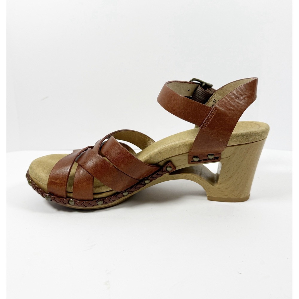 Dansko Strappy Leather Sandals Wood Wedge Heel Ankle Buckle Brown Comfort 37/7 - Picture 11 of 16